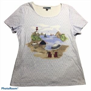Karen Scott Lighthouse Embellished Graphic T-Shirt Short Sleeve Coastal Large